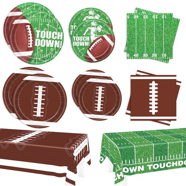 AURORAPARTY 122pcs Football Party Supplies Birthday Party Tableware Set Include Paper Plates Napkins Plastic Tablecloth Disposable Football Party Decorations for 30 Guests