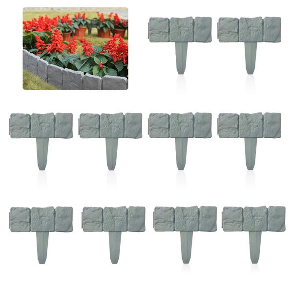 Vockvic Rasenkanten 10 Stück, 2.5M Beeteinfassung Gartenzaun Grau Kunststoff Palisade Stone Effect Beetumrandung, Blumenbeet Gras Garten Beet Pflanzengrenze