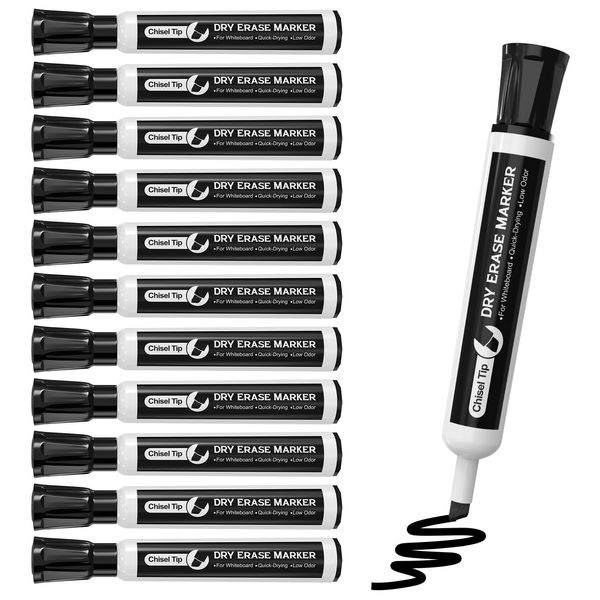 MaxGear Dry Erase Markers Bulk, 12 Count Black Dry Erase Markers Set, Whiteboard Markers Chisel Tip, Dry Erase Board Marker, Black White Board Marker Set for School Office, Chisel Tip, Black, 12 Pack