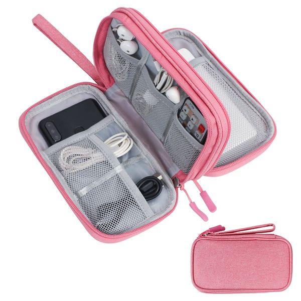 Skycase Travel Cable Organiser Bag,Double-Layer Storage Bag Electronics Accessories Organizer Bag for USB Data Cable,Earphone Wire,Power Bank,19 x 11 x 5.6cm Pink