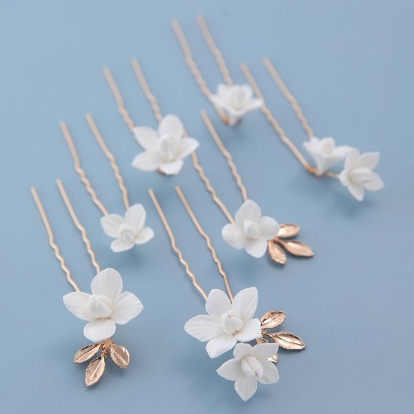 7 Pieces U shaped Vintage Gold Leaf Hair Pins for Women Handmade New Material Polymer Clay Flower Wedding Hair Pins Bridal Accessories Jewelry