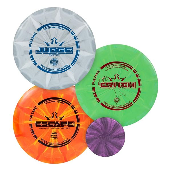 Dynamic Discs Prime Burst 3 Disc Golf Starter Kits for Men, Women, and Kids, Putter, Midrange, Driver, Bonus Mini Disc, Weight Ranges 170-176, Beginner Frisbee Golf Set