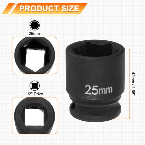 HARFINGTON 2pcs 6 Point Impact Socket 25mm Metric Socket 1/2" Square Drive 1.65" (42mm) Long Phosphated Cr-Mo Steel Spindle Axle Hex Nut Sockets, Black