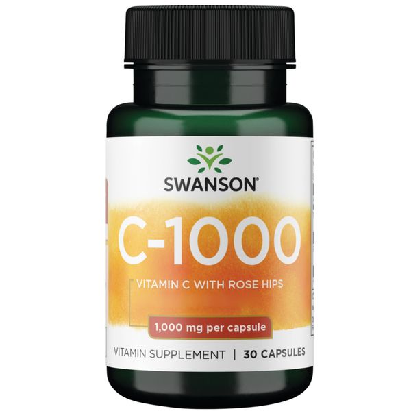 Swanson, C-1000, Vitamin C (Ascorbic Acid), 1000mg, with Rose Hip, 30 Capsules, High-Dose, Lab-Tested, Soya-free, Gluten-free, GMO-free