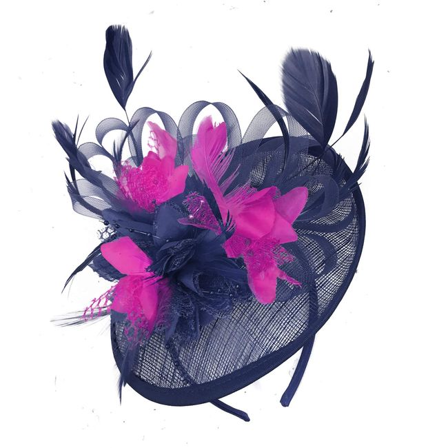 Caprilite Navy Blue and Fuchsia Hot Pink Sinamay Disc Saucer Fascinator Hat for Women Weddings Headband