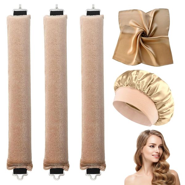 KDJXZ 3 PCS Heatless Blowout Rods,Overnight Blowout Rods Heatless Curling Rod Heatless Curlers Headband,Suitable for Medium/Long Hair No Damage To Hair (Khaki with Headscarf + Shower Cap)