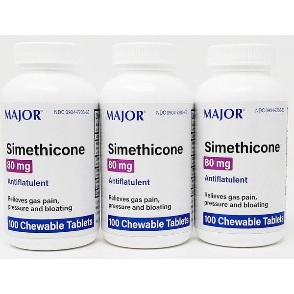 Major Simethicone 80 mg (Antiflatulent) 100 Chew Tabs -3 Pack- Exp Date 01-2026