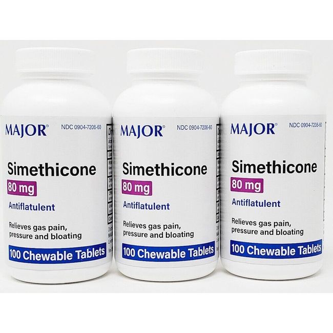 Major Simethicone 80 mg (Antiflatulent) 100 Chew Tabs -3 Pack- Exp Date 01-2026