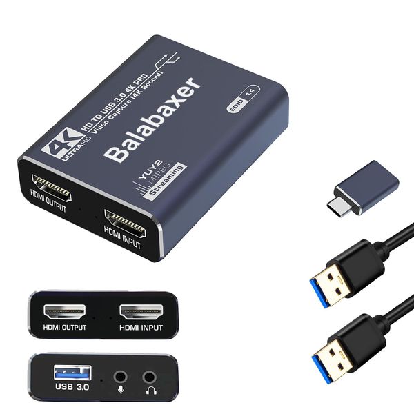 Balabaxer 4K audio video capture card,USB3.0 without HDMI Cable,full HD 1080p capture device for video editing, game recording, online teaching