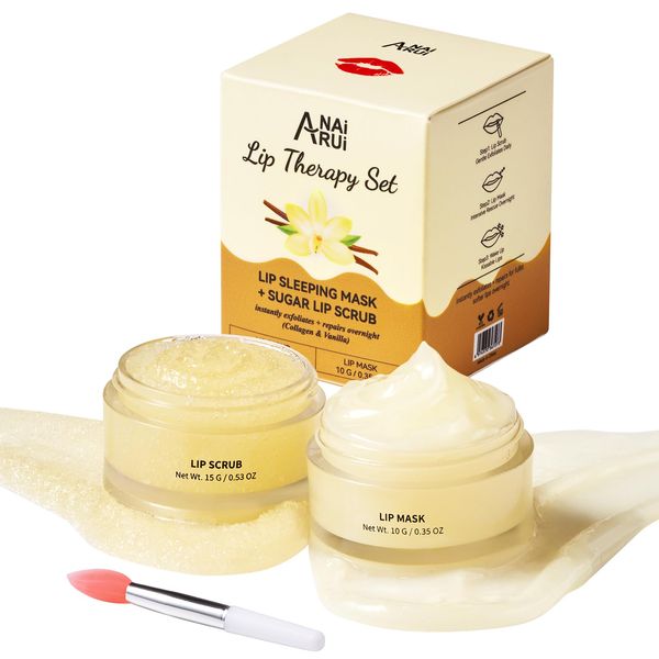 ANAiRUi Lip Mask und Scrub Set, Vanille & Collagen Sleeping Lip Mask, Lip Exfoliator/Scrub für Peeling und Lippenpflege, Overnight Lip Mask, Lip Care Gift Set für Trockene, Rissige, Schälende Lippen