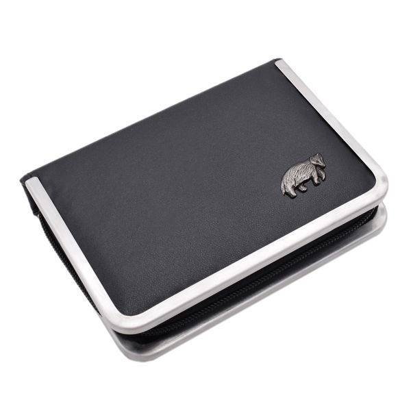 English Pewter Badger Design Black Leatherette Manicure Set
