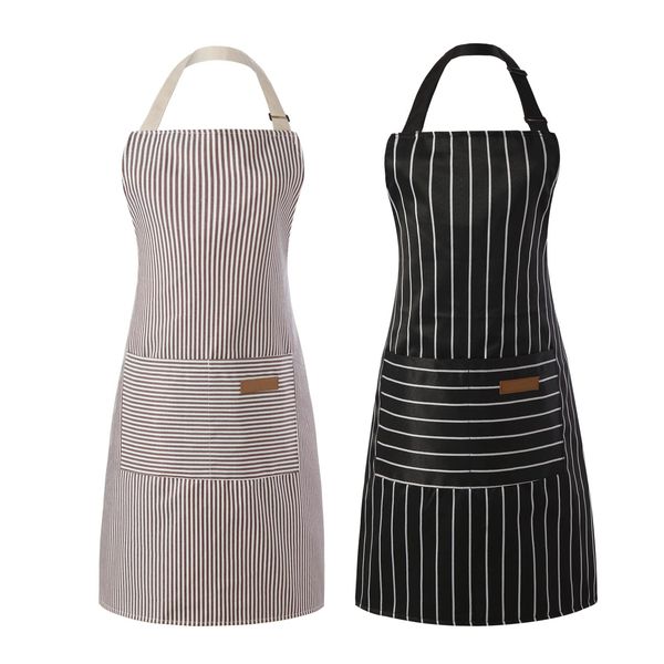 Tosewever 2 Pieces Kitchen Cooking Aprons, Cotton Polyester Blend Adjustable Bib Aprons with 2 Pockets for Women Men Chef Chef (Black/Brown Stripes, 2)