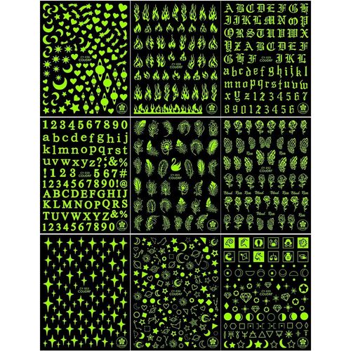 LANODO 9 Pieces Nail Stickers Alphabet 3D English Luminous Alphabet Pretty Nail Sticker DIY (0974)