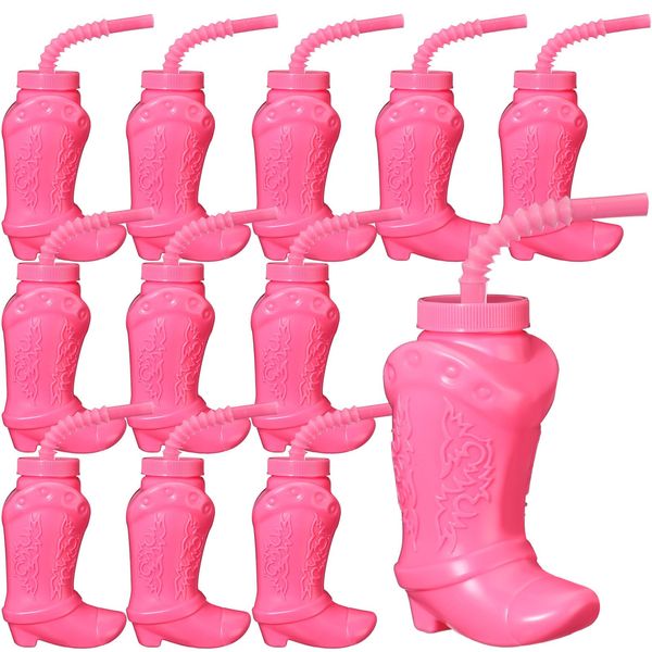 Hoolerry 12 Pcs Cowboy Boot Party Plastic Cups with Straws and Lids 10 Ounces Plastic Cowboy Cups for Western Themed Party Supplies and Rodeo Party Decorations (Pink)