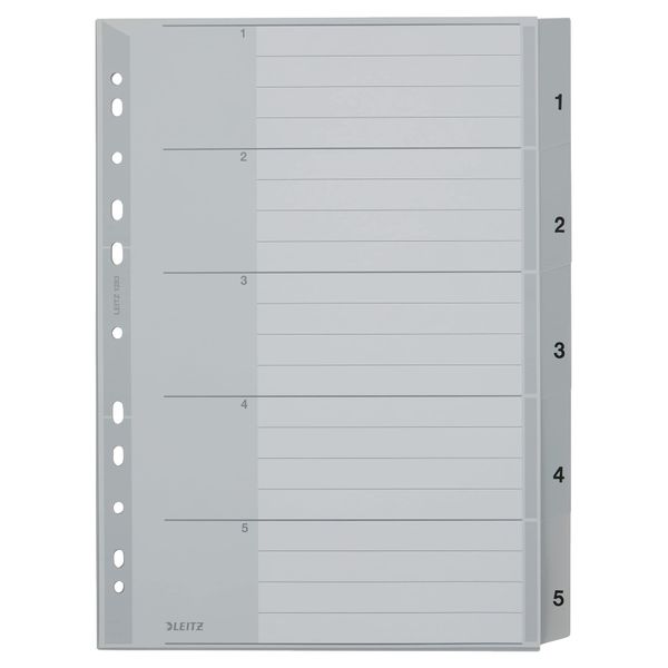 Leitz Index for A4, Cardboard Cover and 5 Plastic Dividers, Tabs with Numbers 1-5, Extra Width, Grey, 12830000