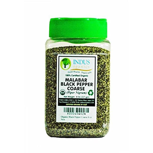Indus Organics Malabar Black Pepper Coarse , 8 Oz Jar, Premium Grade, High Purity, Freshly Packed