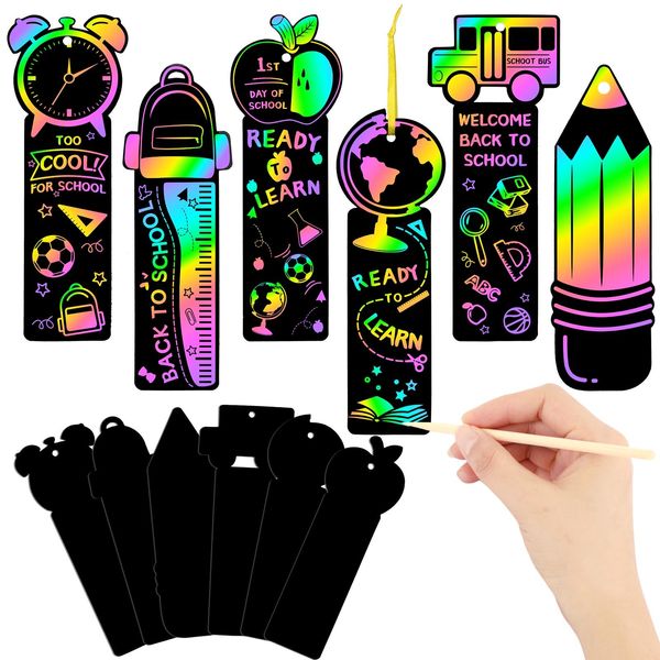 JUNEBRUSHS 30Pcs Welcome Back to School Scratch Bookmarks, Rainbow Magic Scratch Paper Art Back to School DIY Craft Kit First Day of School Gifts for Students Classroom Activity Party Favors