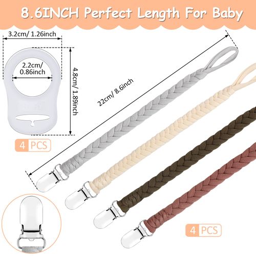 Annhao Dummy Chain Cotton Dummy Strap Boy and Girl, 4 Pieces Dummy Chain Clips with 4 Pieces Silicone Ring Fits All Dummies Baby for Bibs Triangular Cloth Teat, Baby Shower
