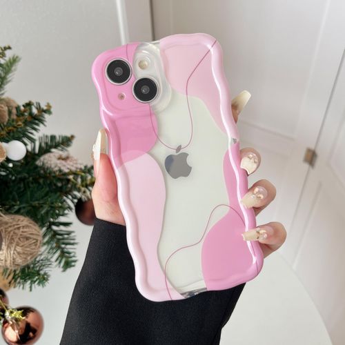 DEFBSC for iPhone 14 Plus/15 Plus Case, Cute Clear Wavy Art Design Aesthetic Pattern Phone Case for Women Girls, Wave Frame Durable Protective Cover Full Camera Protection Bumper, Pink