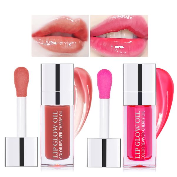 Prreal 2Pcs Tinted Lip Oil,Hydrating Lip Glow Oil Plumping Lip Gloss Lip Care Moisturizing Clear Lip Oil for Dry Lips,Nourishing Glossy Glass Lip Oil Gloss Non-Sticky Shine Lip Balm Lip Tint (Color C)