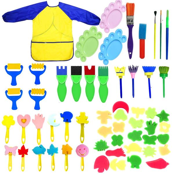 Fycooler Toddler Painting Set-57Piece Painting Tool Kit with Art Smock - Kids Paint Brushes Sponge Kits- Toddler Kids Early Learning Toys Finger Paints Sponges Washable Acrylic Paint Art Supplies Gift