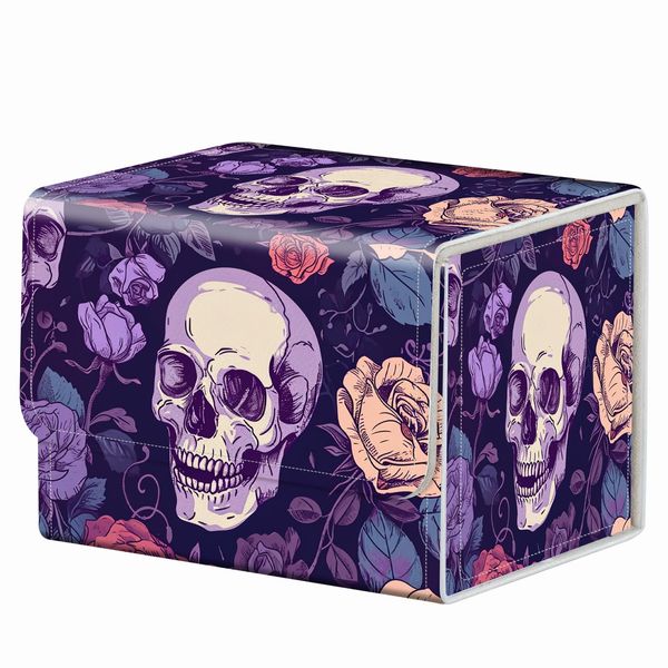 Strong Magnet Card Case Deck Box Mtg Card Box Playing Card Box Magic Deck Box Tcg Up to 200 Cards Creative Pattern Trading Card Storage Box for Collectible Card Games, Purple Skulls And Roses