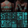 DPKOW Blue Glow in the Dark Temporary Tattoos Indian Lace for Woman Girls Hand Arm Body Art, 10 Sheets Luminous Glitter Mandala Flower Temporary Tattoo Stickers Moon Star Butterfly for Neon Face Paint