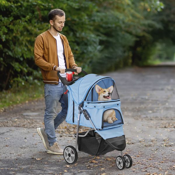 Pet Stroller Travel 3 Wheels Foldable Carrier Cart W/ Cup Holder For Dogs Blue