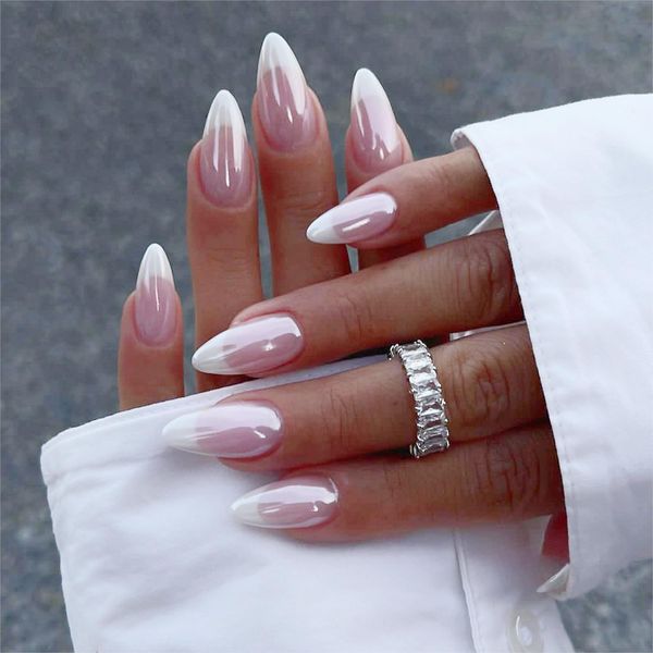 Pink French Tip Press on Nails Medium Almond Fake Nails Press ons with Chrome Designs Glossy Full Cover False Nails Mirror Cute Nail Tips Glue on Acrylic Nails for Women Manicure 24Pcs