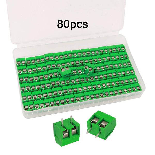 QitinDasen 80Pcs Premium 2 Position 2 Pin Plug-in PCB Terminal Block, 5.08mm Pitch PCB Mount Screw Terminal Block Connector (300V / 10A, Green)