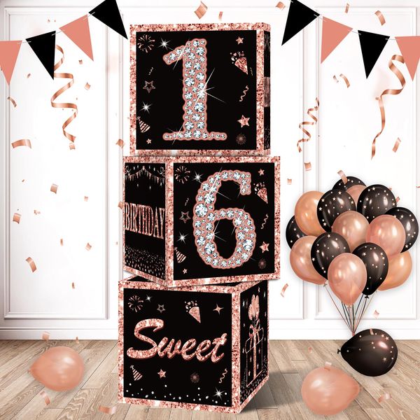 Eiurteao 3pcs 16th Birthday Decorations Boxes for Girls, Rose Gold Happy 16 Birthday Balloons Boxes Party Supplies, Sweet Sixteen Bday Theme Cardboard Box Decor