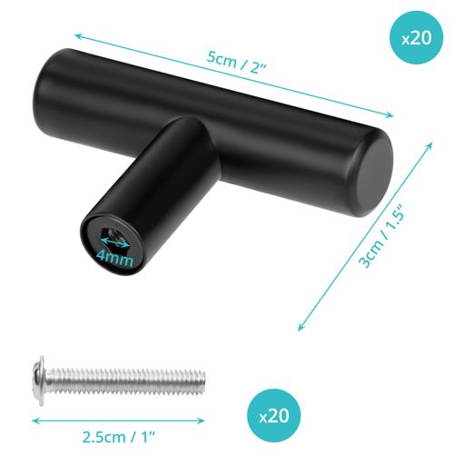 BELLE VOUS 20 Pack of Kitchen Cabinet Handles - 50mm T Bar Pulls - Black Stainless Steel Knobs - Hardware for Drawers, Cupboards, Doors, Furniture, Bedroom, Wardrobes & Furniture