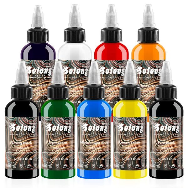 9PCS Tattoo Ink Color Set, 1oz (30ml) Tattoo Supply USA Pigment Kit Solong Tattoo Ink Set TI302S-30-9