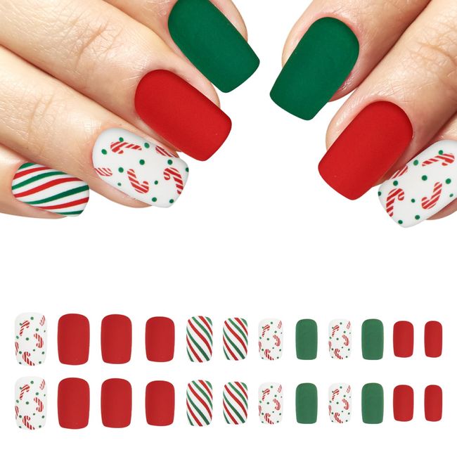 Christmas False Nails Short, Red & Green Press on Nail Square, Matte Christmas Stick on Nails with Christmas Candy, Removable Acrylic Full Cover Fake Nails for Women Nail Art Accessories Y9MSCTWZJ