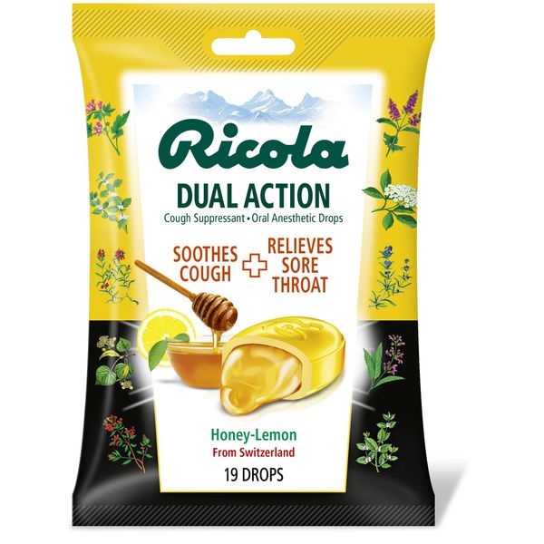 Ricola Dual Action Cough Suppressant & Oral Anesthetic Throat Drops, Honey Lemon, 19 Drops, Fights Coughs Naturally, Soothes Throats, yellow