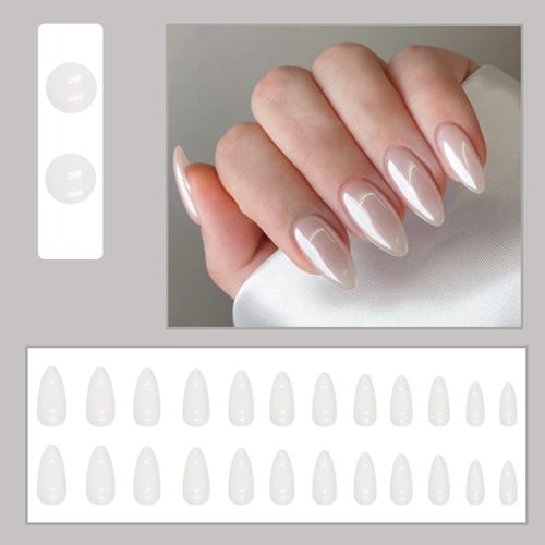 24Pcs Short False Nails - Grey Aurora French False Nails Press on Nails - Full Cover False Nails Almond Stick on Nails - Fake Nails Stick on Nails for Women and Girls