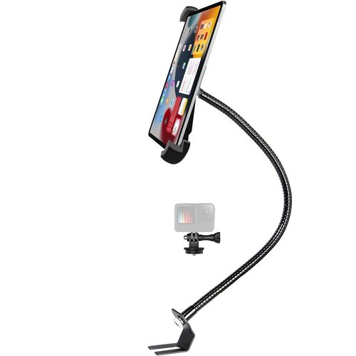 Car Seat Rail Tablet Mount for Truck, Aluminum Gooseneck Car Floor Bolt Tablet Holder Camera Clamp with 1/4'' Screw Adapter for Taxi, Van, Vehicle, Semi, SUV for iPad Pro/Air, Tabs, Gopro (9.5-14.5”)