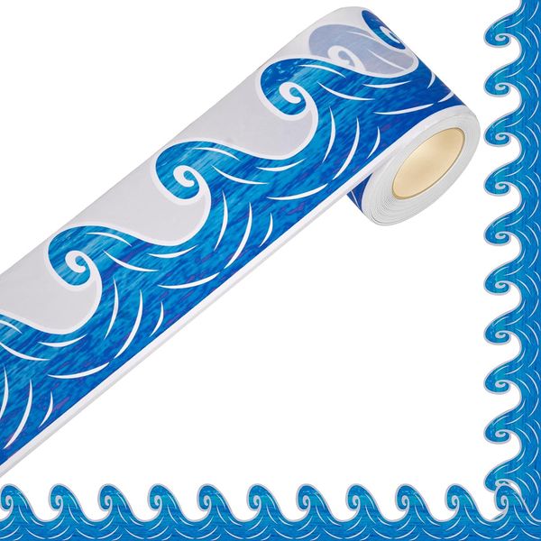 66Feet Bulletin Board Borders, Self Adhesive Rolled Border Trim Blue Ocean Waves