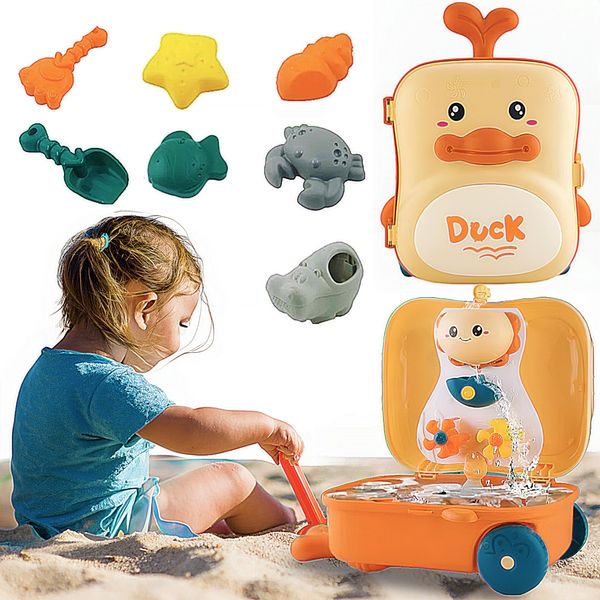 DULICA Beach Toys for Toddlers - Toddler Sand Toys Set with Water Wheel, Animal Molds, Watering Can, Sand Scoop in Cute Duck Case | Essential Summer Travel & Bathtub Toys for Kids