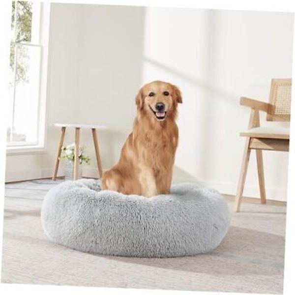 Dog & Cat Bed: Round Faux Fur Pet Bed - Plush, 30.0"L x 30.0"W x 8.0"Th Silver