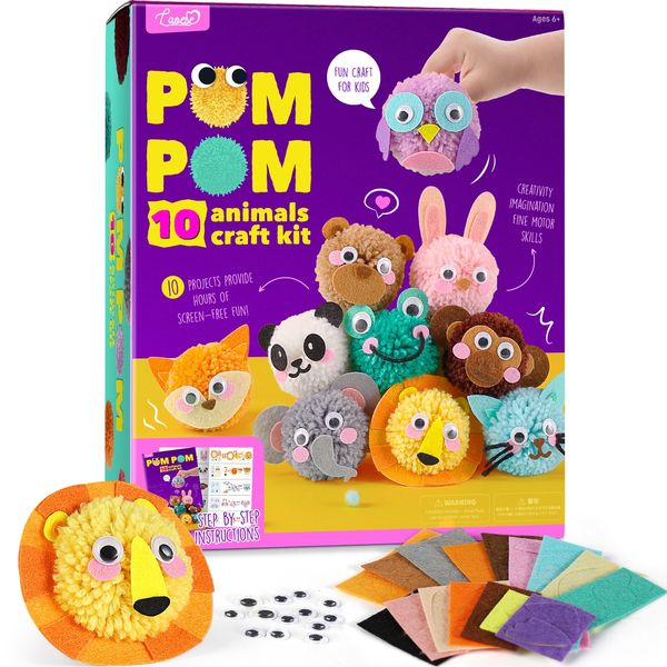 Pom Pom Craft Kit - Animal Art and Craft Project - DIY Plush Crafts for Kids, Toddler Art Activity for Little Boys & Girls Ages 6 7 8 9