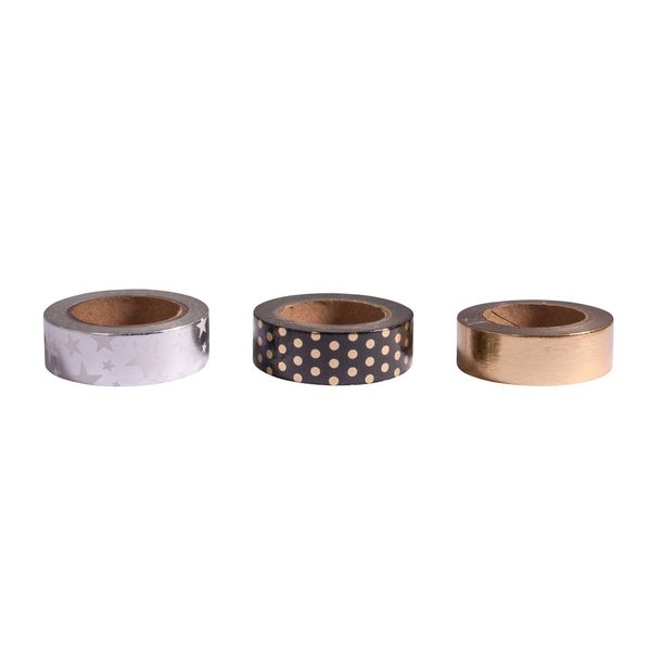 Rayher 60969000 Washi Tape Set, 3 Rollen à 10 m, 15 mm breit, 3 Designs in schwarz/gold/silber, Papierfolie, Papierband, Klebeband, Dekoband