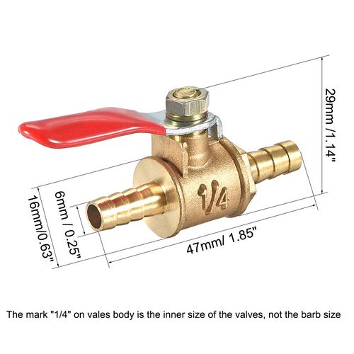 uxcell Ball Valve, Shut-off Valve, 0.25 inch (6.4 mm) Hose Barb - 0.25 inch (6.4 mm) Hose Barb, Hose Pipe Tube Fittings, 180 Degrees, Operation Handle, Brass Valve, Pack of 1
