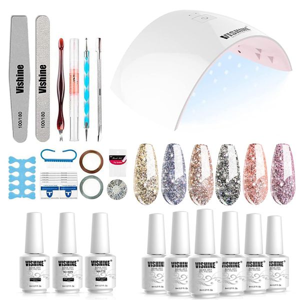 Gel Nail Polish Starter Kit - Vishine Set of 6 Colors Glitter Sparkly Platinum Gel Polish Set Base Top Coat & Matte Top Coat, 36W LED Nail Dryer Lamp with Full DIY Gel Manicure Nail Tools 8ml #C046