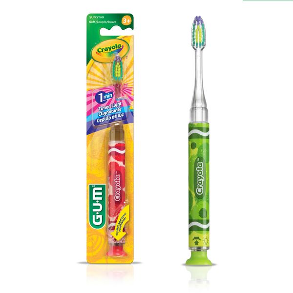 GUM Crayola Timer Light Toothbrush for Kids, Soft Bristles, Suction Cup Base, Children & Toddler Toothbrush 3 Year Old + 1ct