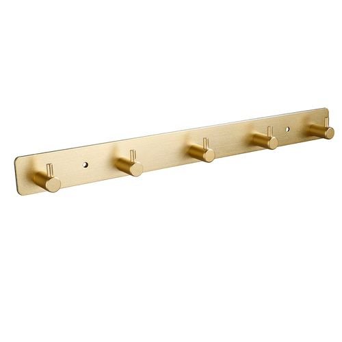 QULYEA Gold Hooks for Wall, Entryway Key Holder Brushed Gold Towel Hooks，Slef Adhesive Door Hooks Key Organizer Wall Mounted Robe 5 Hooks Rack for Toilet Bathroom