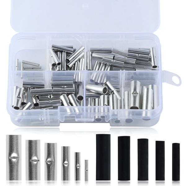 LEONTOOL Non-Insulated Butt Connector Kit Non-Insulated Butt Connectors 120pcs Heat Shrink Tubing 120pcs Seamless Non-Insulated Bat Wire Connectors Terminals 24-8AWG Cable Crimp Connectors Bare Crimp