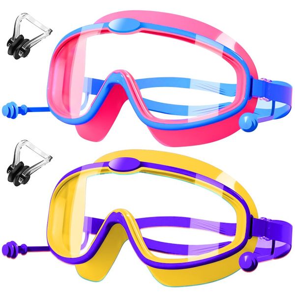 HINATAA Schwimmbrille Kinder,Antibeschlag Schwimmbrillen mit Nasenklammer,Swimming Goggles mit Integriertem Ohrstöpsel,Taucherbrille für Jungen Mädchen 3-8 Jahren, UV-Schutz,Kein Leck (Rot+Gelb)