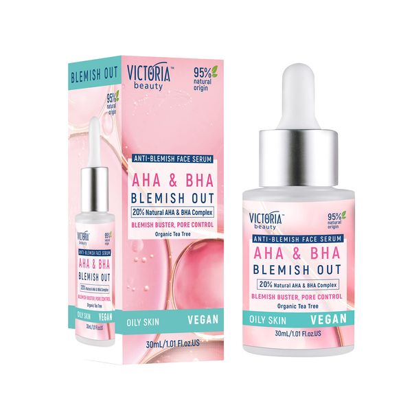 Victoria Beauty Blemish Out 20% Salicylic and Glycolic Acid Serum - AHA BHA Exfoliant, Pore Minimizer, Dark Spot Remover for Face with Tea Tree Oil and Zinc - For Oily Skin - 95% Natural, Vegan