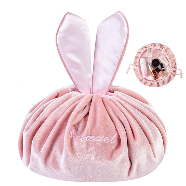 Cisolen Portable Drawstring Cosmetic Bag Pink Lazy Travel Cosmetic Bag Large Makeup Bag with Cute Bunny Ears for Kids Women Girls